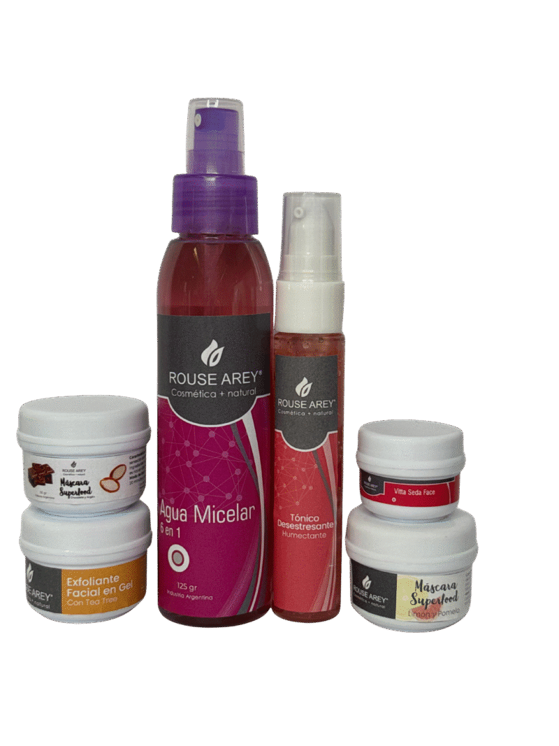 Kit piel mixta: Agua Micelar 125ml-Exfoliante en Gel con Tea Tree 30gr-Tonico Desestresante - Humectante 40gr dosif-Mascara de Chocolate y Argan 30gr-Mascara de Limon y Pomelo 30gr-Vitta Seda 15gr
